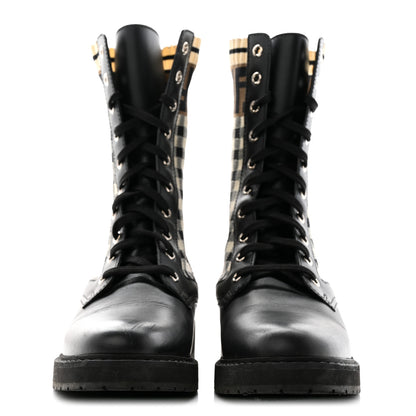 Fendi Vitello Stretch Fabric FF Vichy Rockoko Biker Boots 39 Black Crema Tobacco 2 of 11