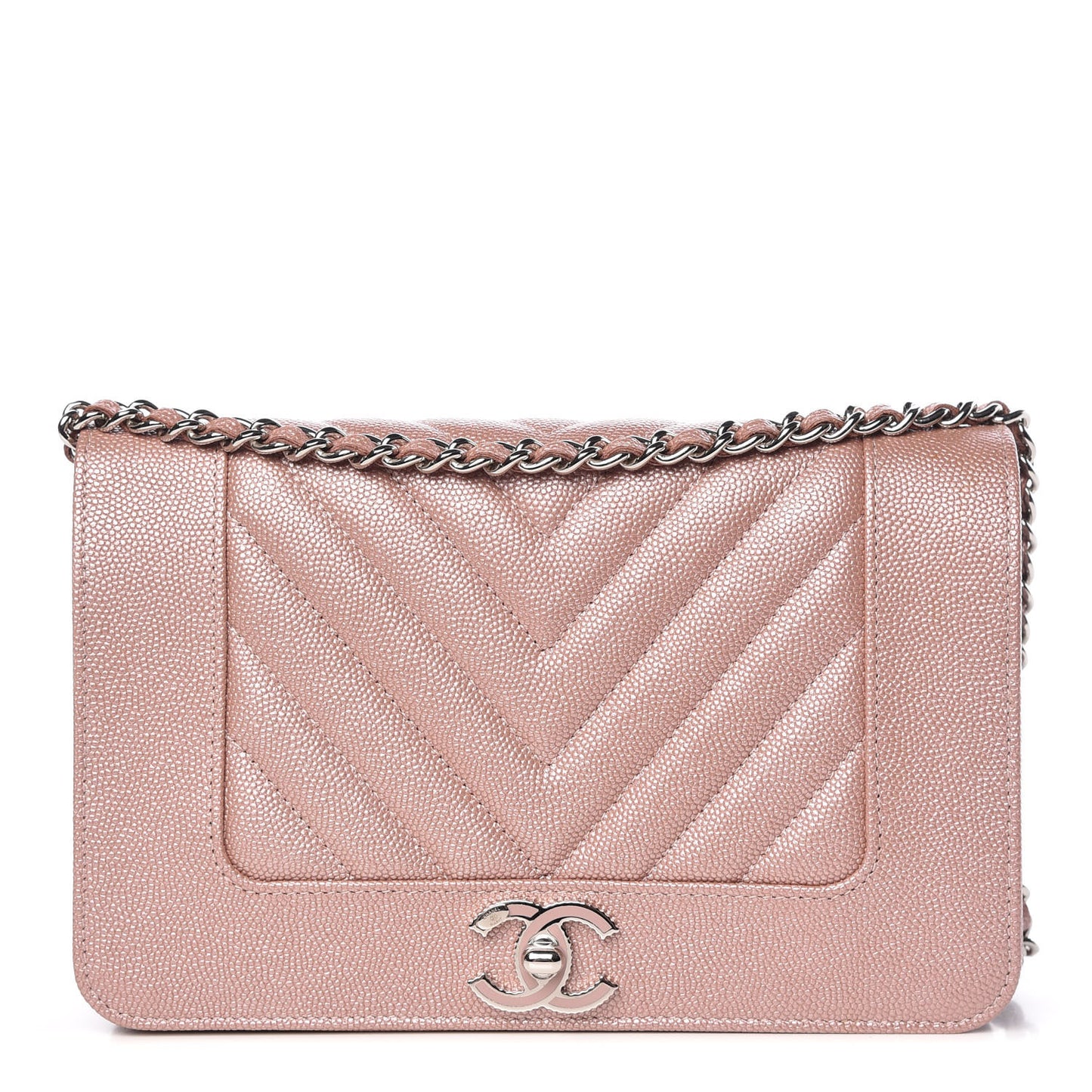 Metallic Caviar Chevron Quilted Vintage Mademoiselle Wallet On Chain WOC Pink