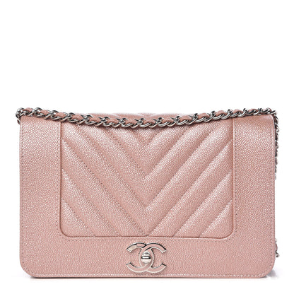 Chanel Metallic Caviar Chevron Quilted Vintage Mademoiselle Wallet On Chain WOC Pink 1 of 11
