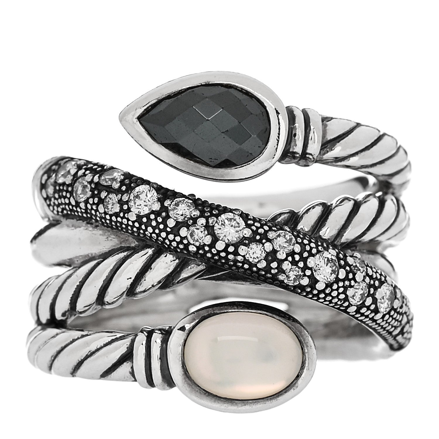 David Yurman Sterling Silver Diamond Hematite Mother of Pearl Doublet Grisaille Crossover Ring 54 7 1 of 4