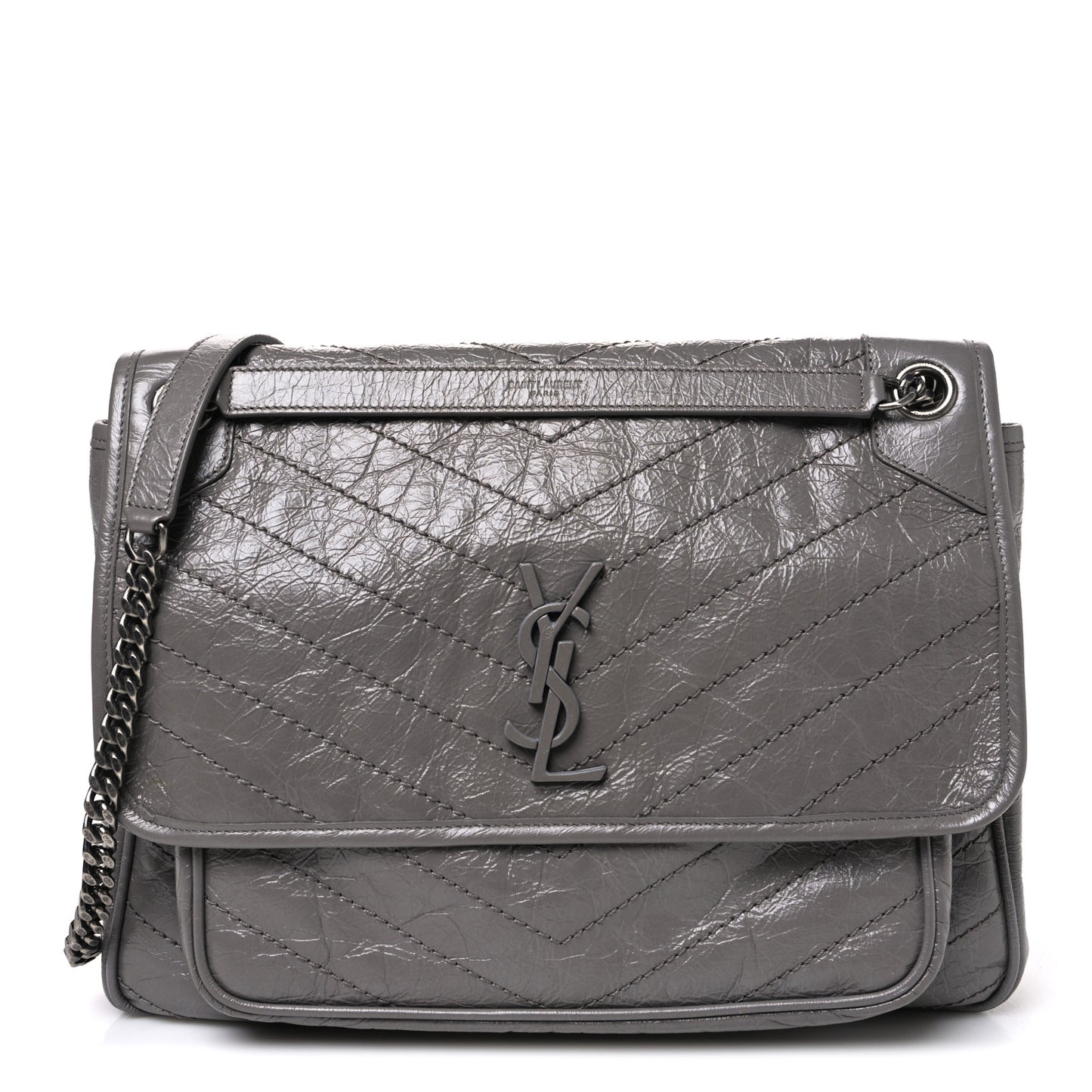 Crinkled Calfskin Matelasse Monogram Large Niki Chain Satchel Fog