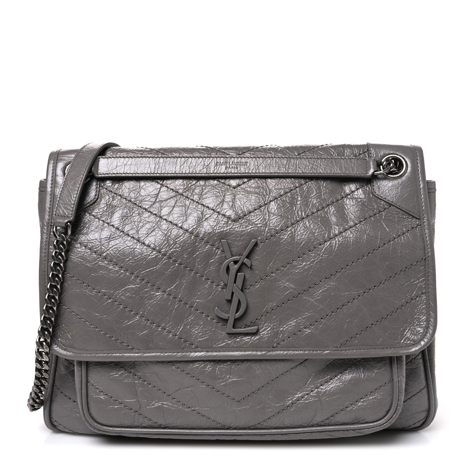 Saint Laurent Crinkled Calfskin Matelasse Monogram Large Niki Chain Satchel Fog 2 of 10