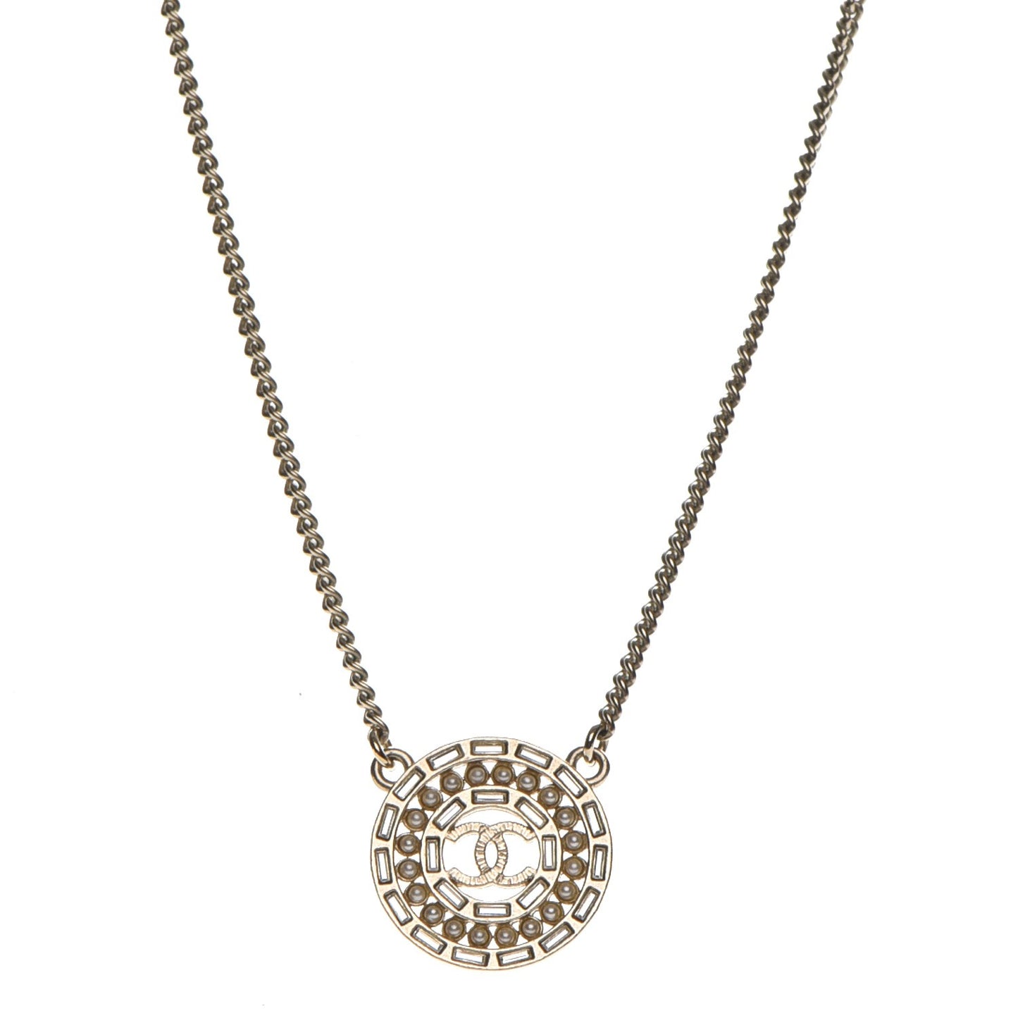 Crystal Pearl CC Medallion Necklace Light Gold