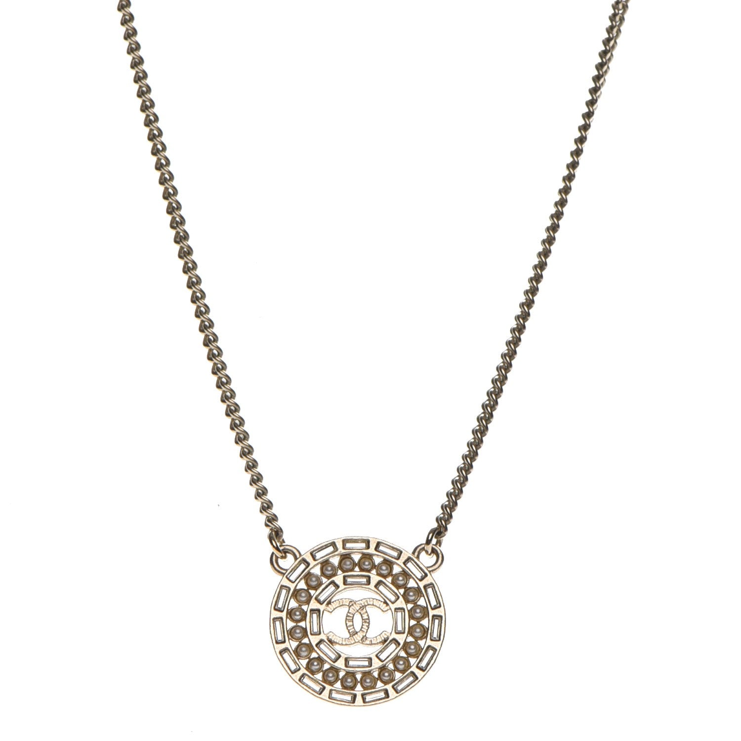 Chanel Crystal Pearl CC Medallion Necklace Light Gold 1 of 5