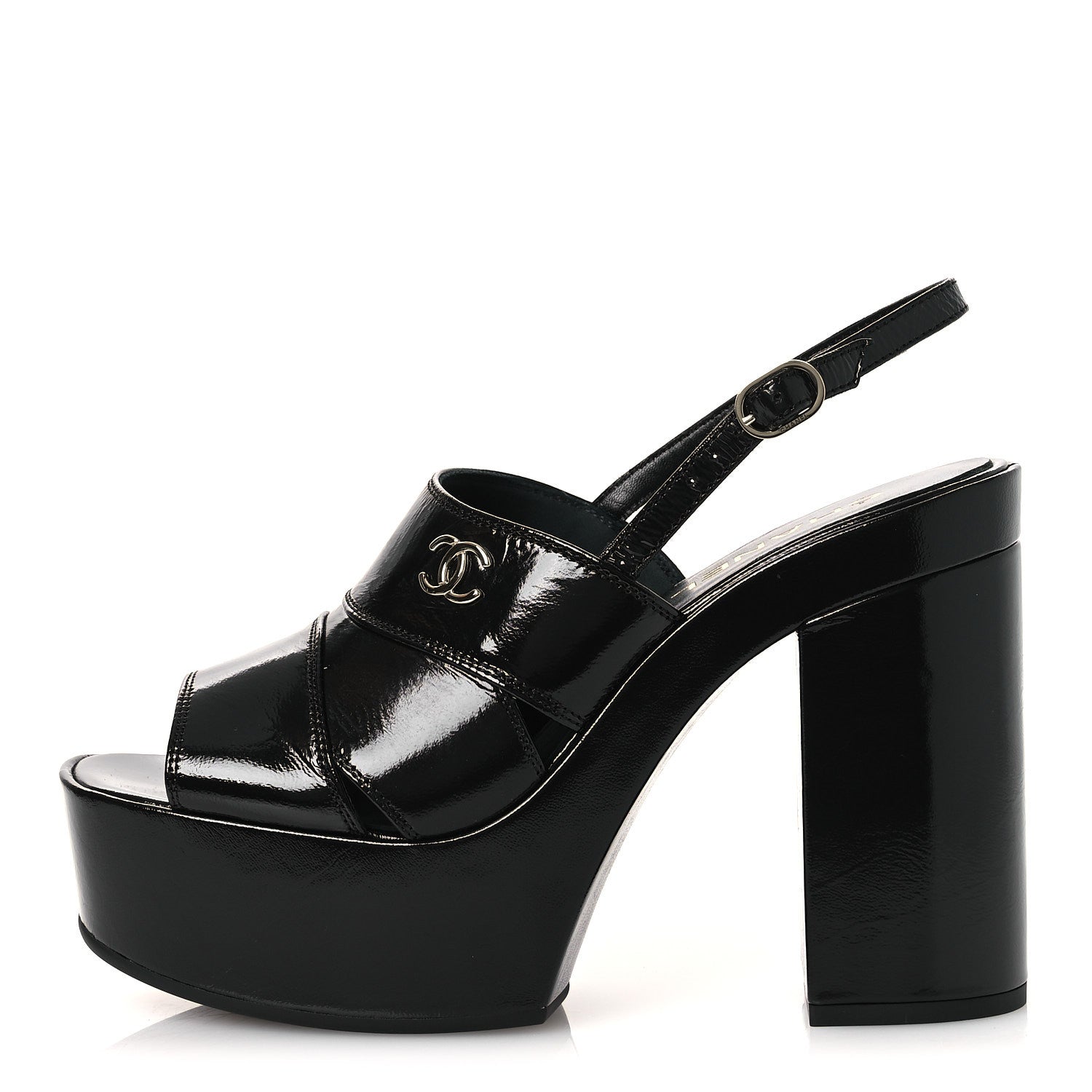 Chanel Crumpled Patent Lambskin Platform Sandals 39.5 Black 1 of 11