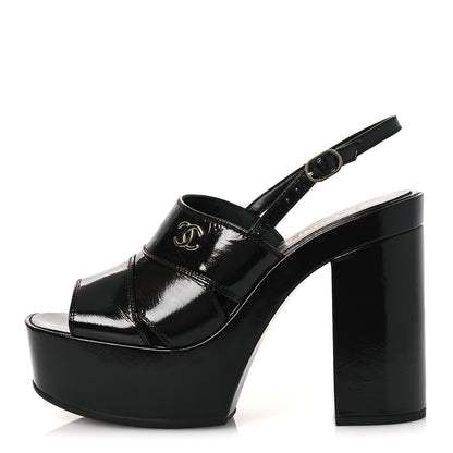 Chanel Crumpled Patent Lambskin Platform Sandals 39.5 Black 1 of 11