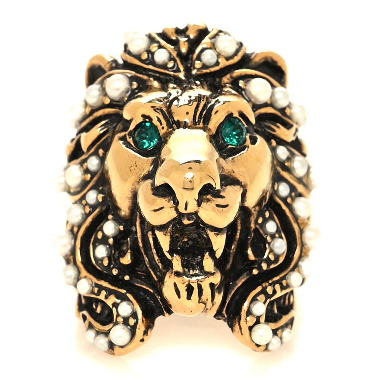 Gucci Metal Pearl Crystal Lion Head Ring 50/5.5 Aged Gold 1 of 4