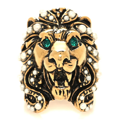 Gucci Metal Pearl Crystal Lion Head Ring 50/5.5 Aged Gold 1 of 4