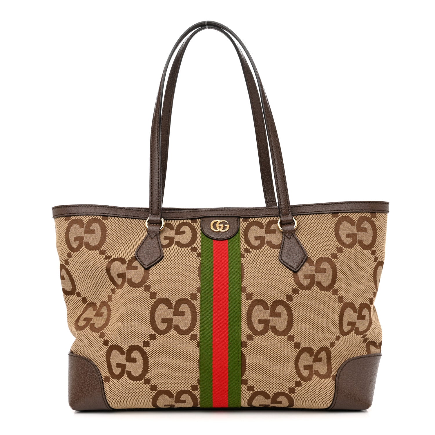 Gucci Monogram Jumbo GG Textured Dollar Calfskin Web Medium Ophidia Shopping Tote Camel Ebony 1 of 15