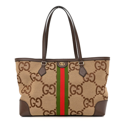Gucci Monogram Jumbo GG Textured Dollar Calfskin Web Medium Ophidia Shopping Tote Camel Ebony 1 of 15