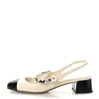 Miu Miu Patent Calfskin Chain Pearl Slingback Pumps 37.5 Ivory Black 1 of 10