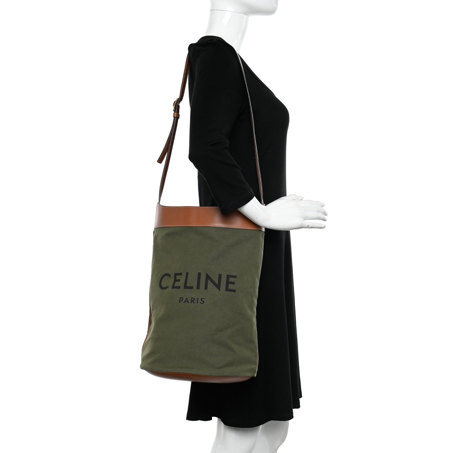 Celine Canvas Smooth Calfskin Medium Bucket Bag Khaki Tan 2 of 10