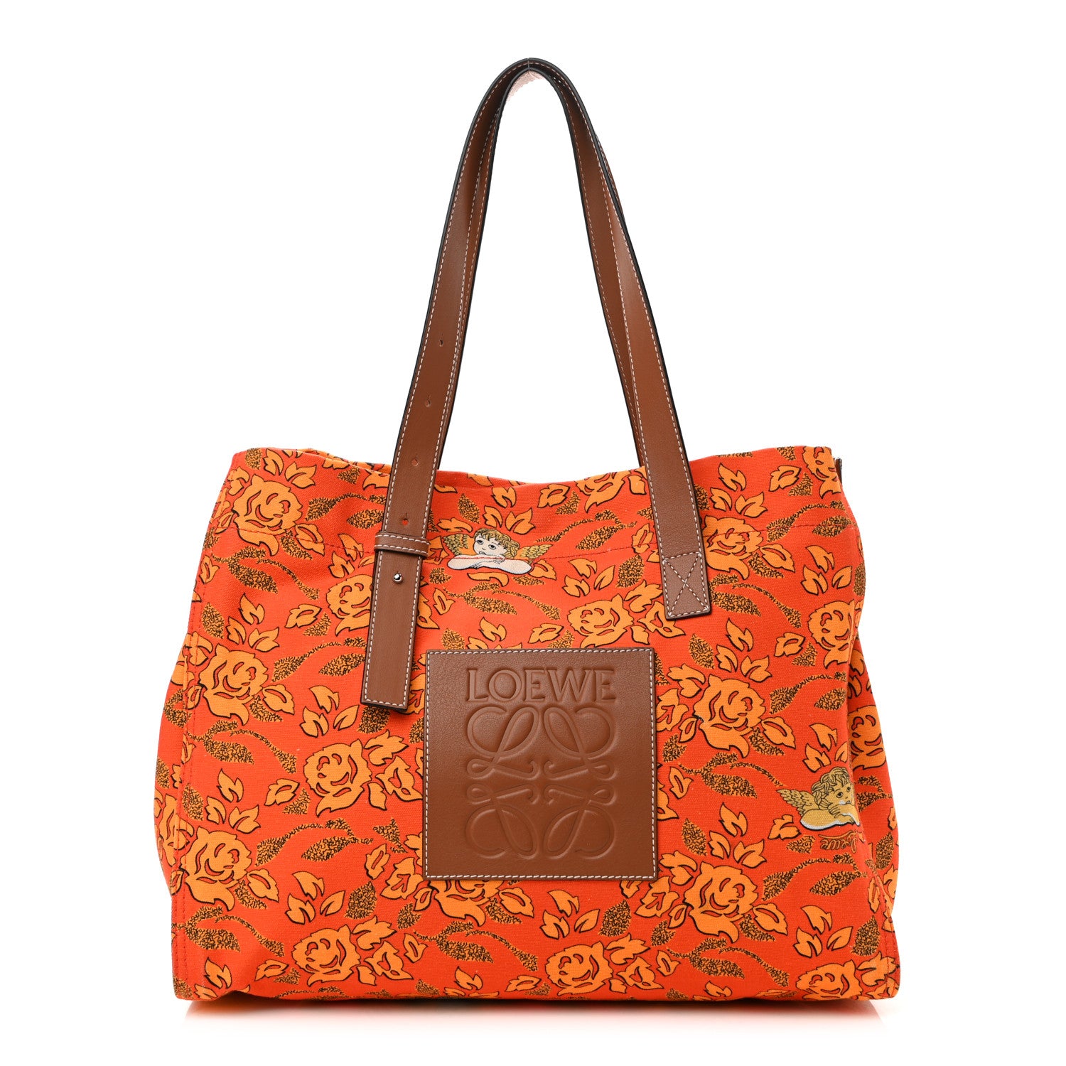 Loewe Canvas Calfskin Ibiza Floral Print Paulas Tote Orange 1 of 9
