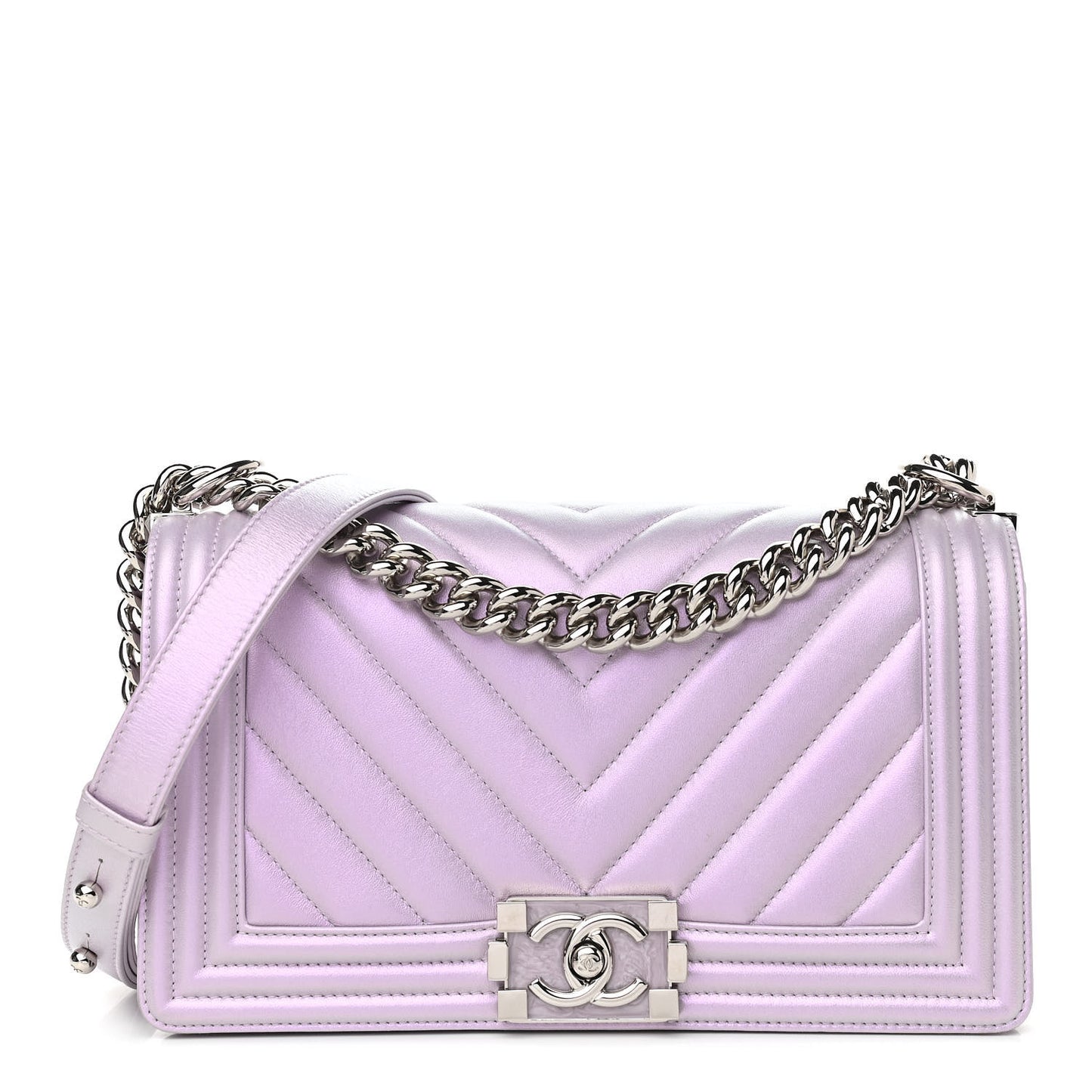 Iridescent Lambskin Chevron Quilted Medium Boy Flap Purple