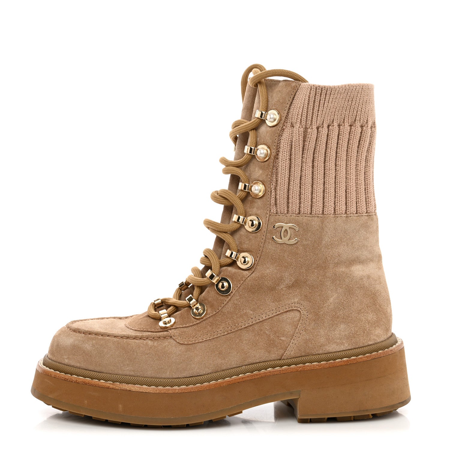 Chanel Suede Knit Lace Up Combat Boots 36 36 Brown 1 of 8