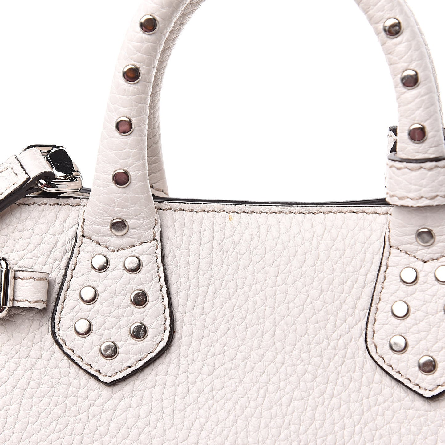 Grainy Calfskin Studded Fringe Baby Banner Tote White