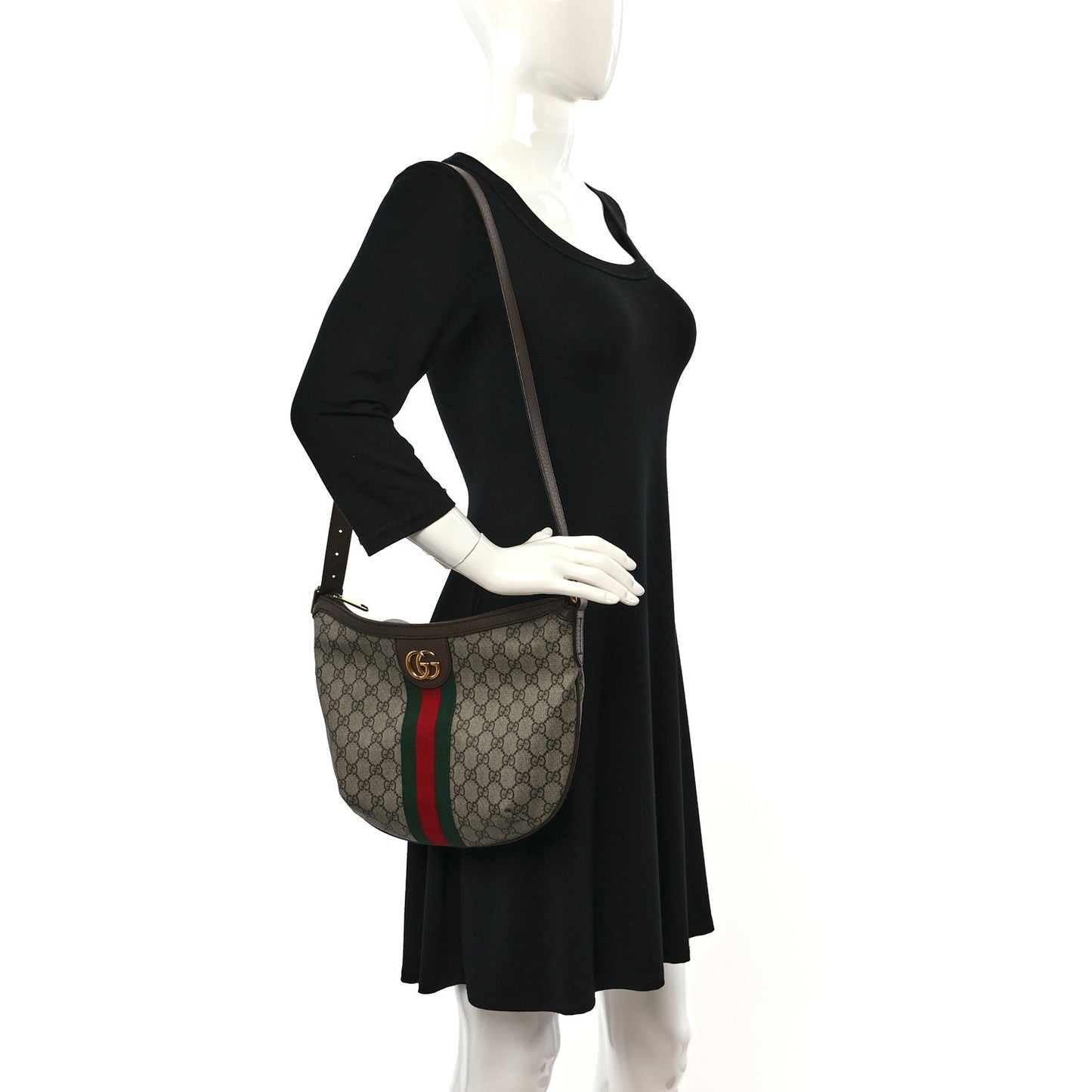GG Supreme Monogram Textured Dollar Calfskin Web Small Ophidia Half Moon Hobo Beige Ebony New Acero