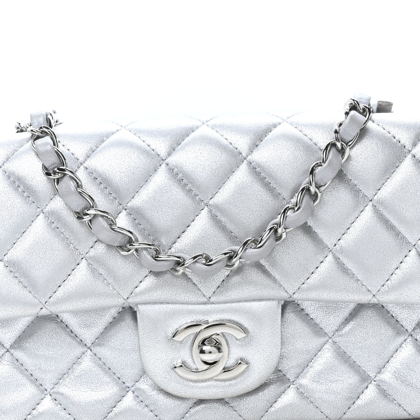 Metallic Lambskin Quilted Mini Rectangular Flap Silver