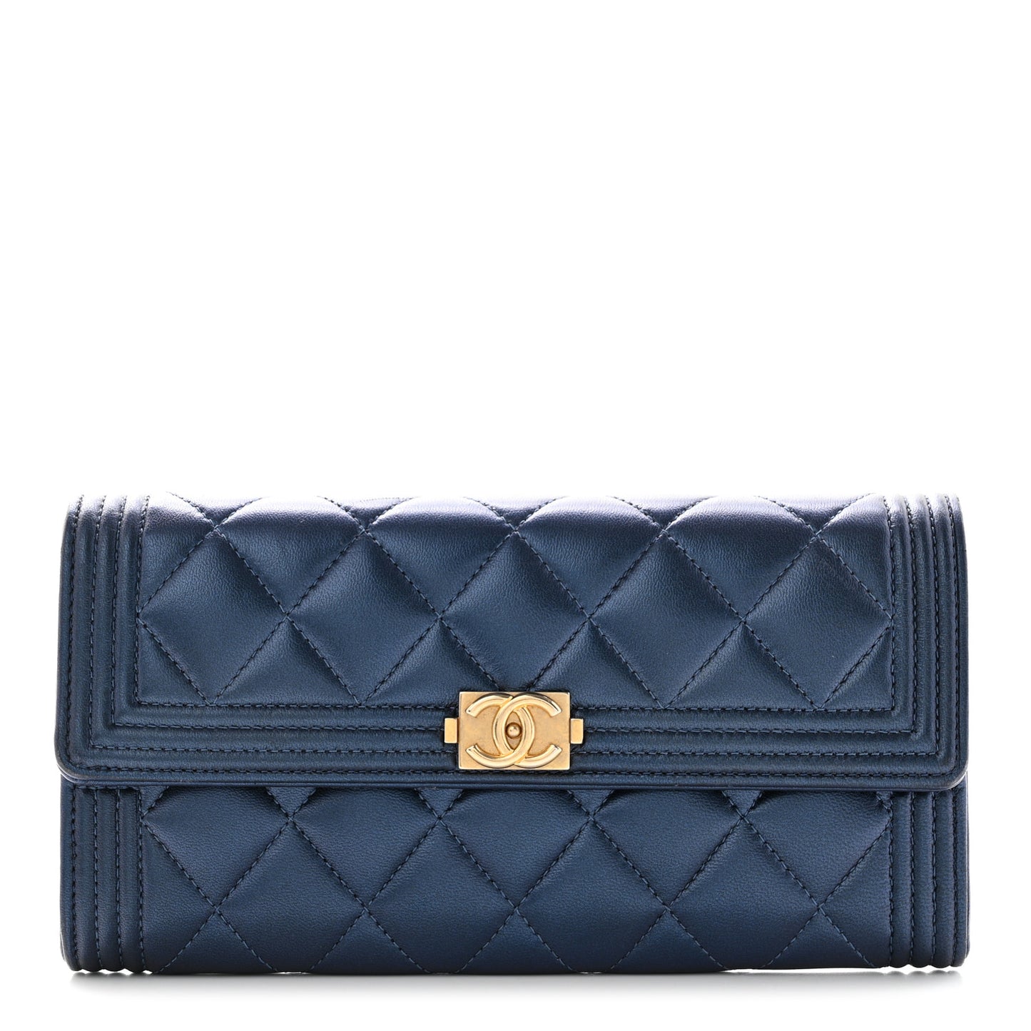 Metallic Lambskin Quilted Large Boy Gusset Flap Wallet Blue