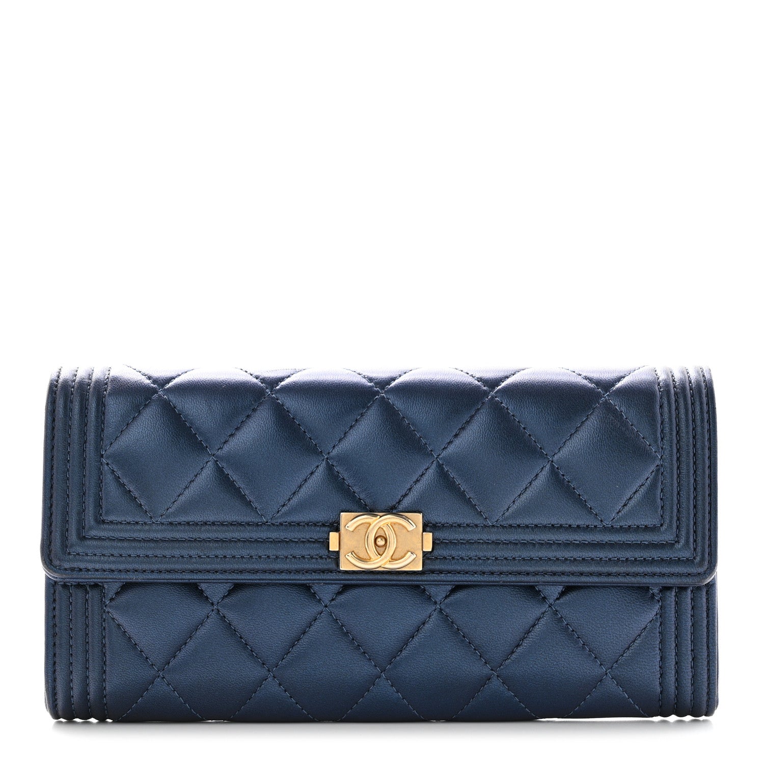 Chanel Metallic Lambskin Quilted Large Boy Gusset Flap Wallet Blue 1 of 11
