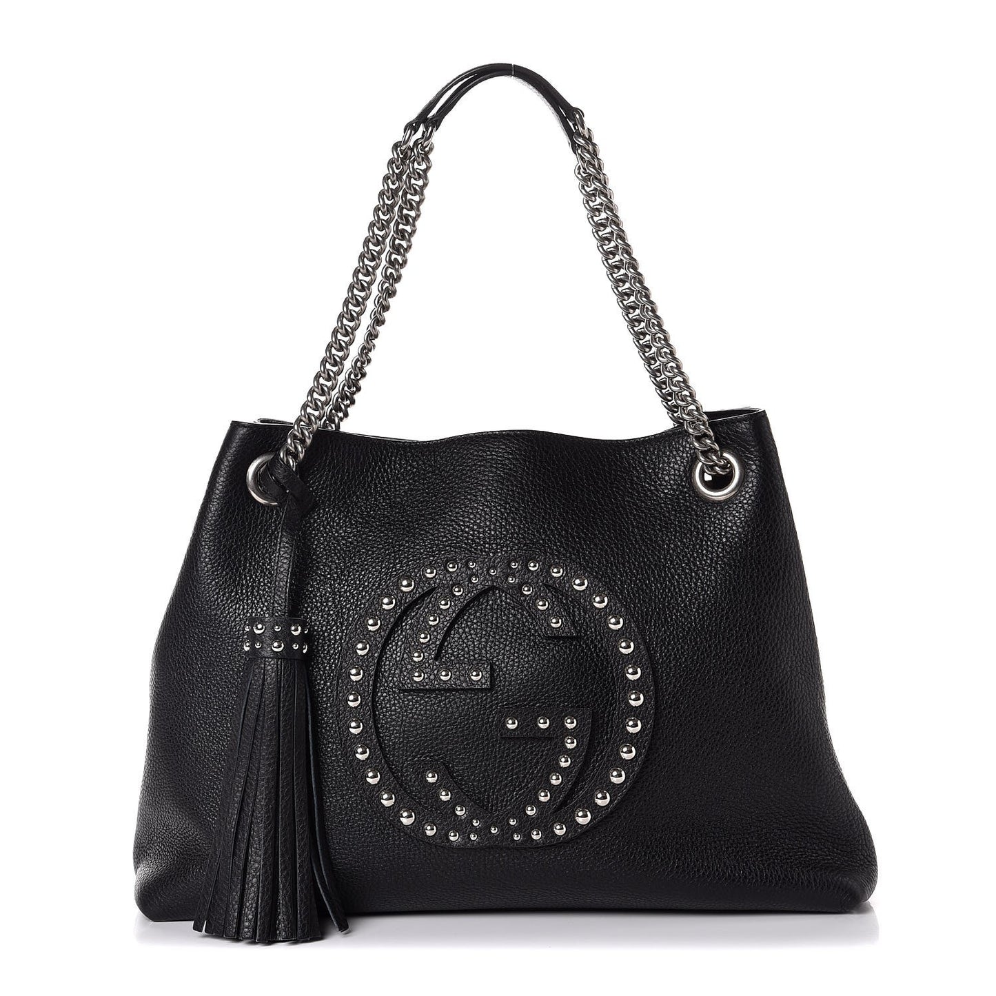 Pebbled Calfskin Studded Medium Soho Chain Shoulder Bag Black