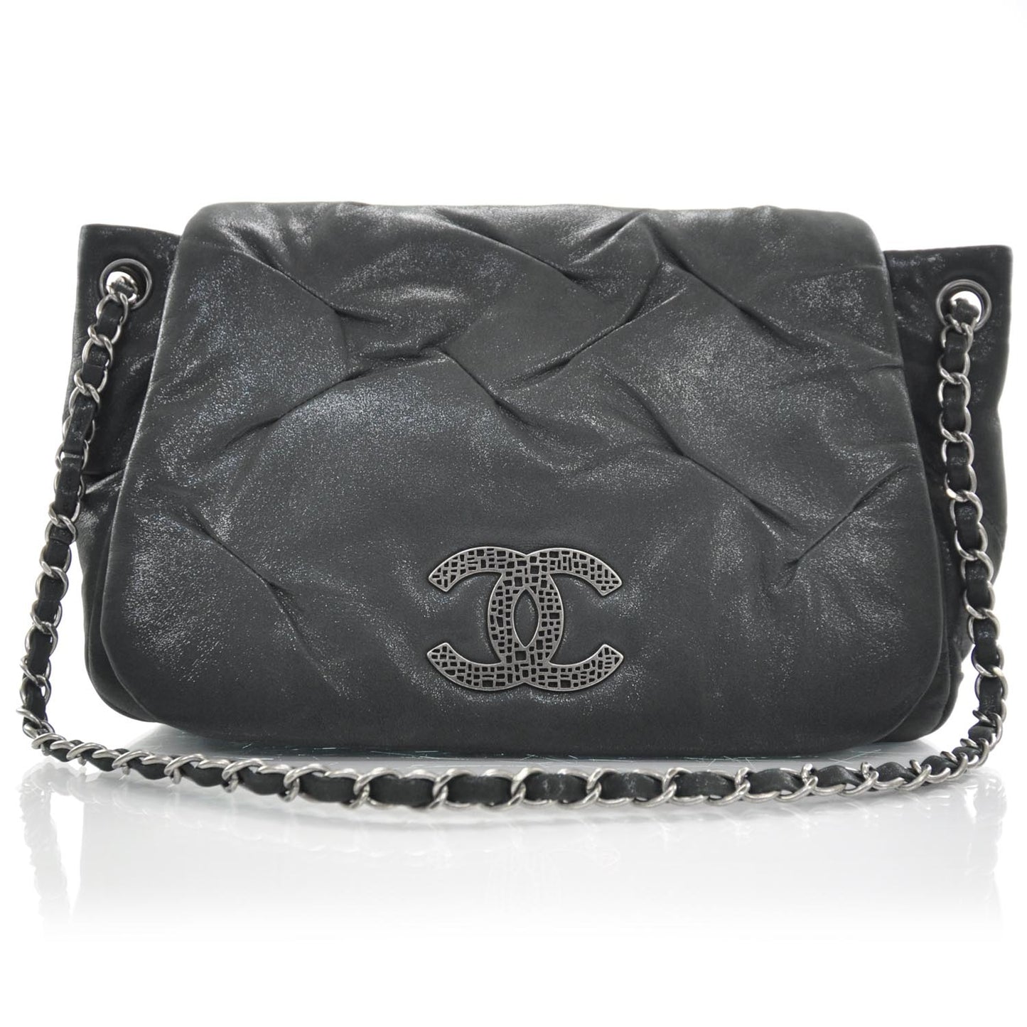 Iridescent Calfskin Glint Accordion Flap Black