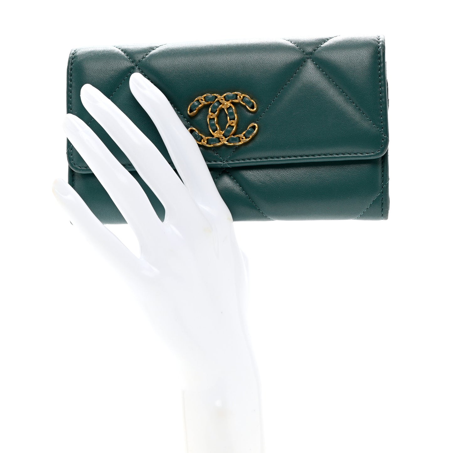 Lambskin Quilted Chanel 19 Flap Wallet Dark Green