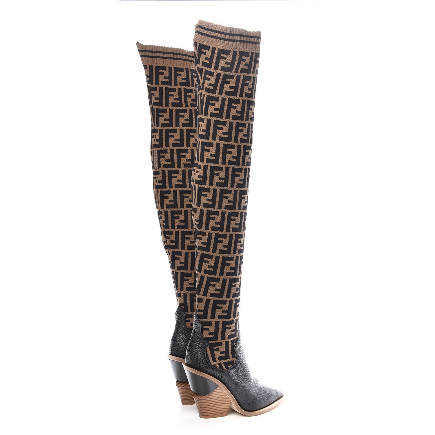 Fendi Stretch Fabric FF Cutwalk Thigh High Sock Boots 36 Tobacco Black 4 of 7