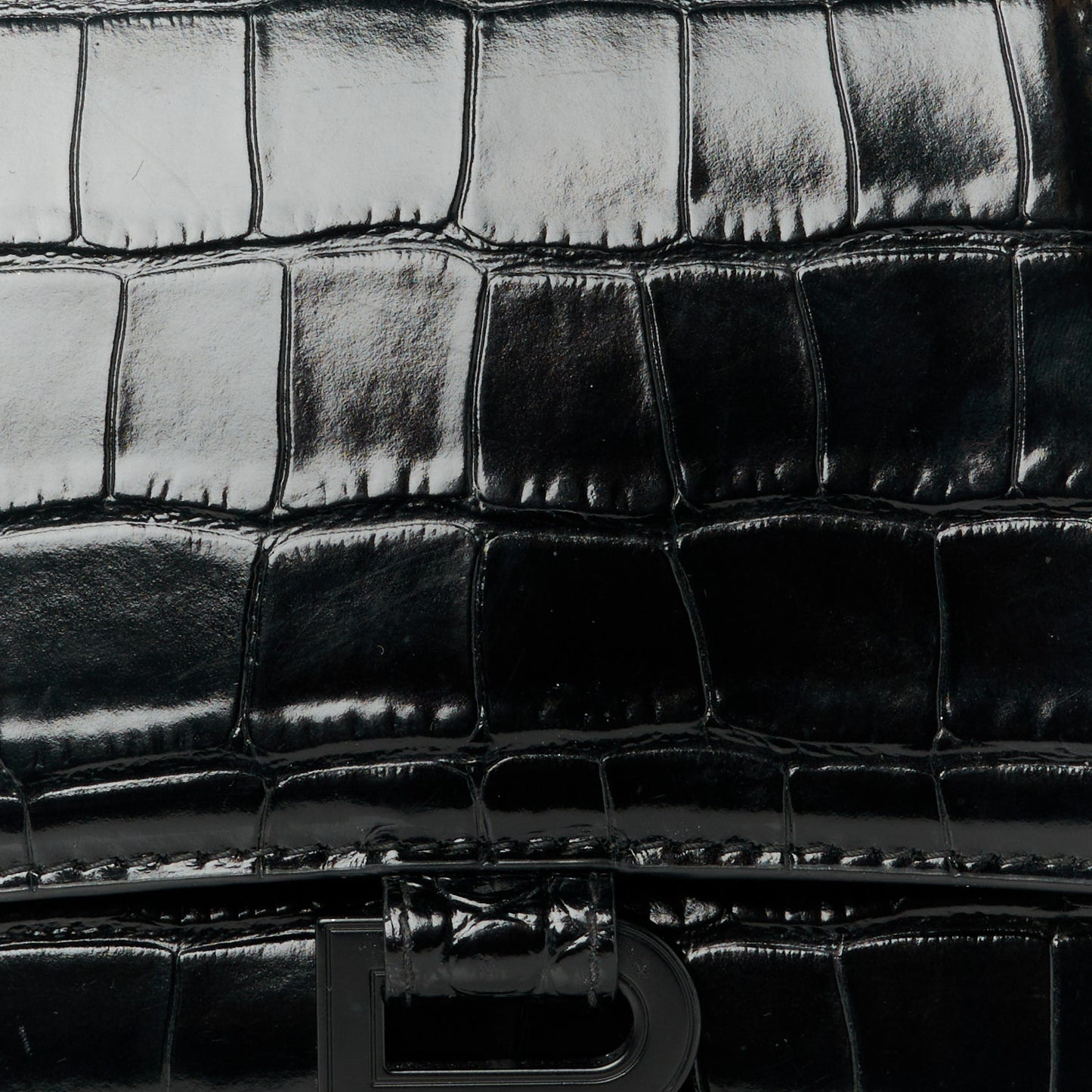 Shiny Calfskin Monochrome Crocodile Embossed Small Hourglass Top Handle Bag Black