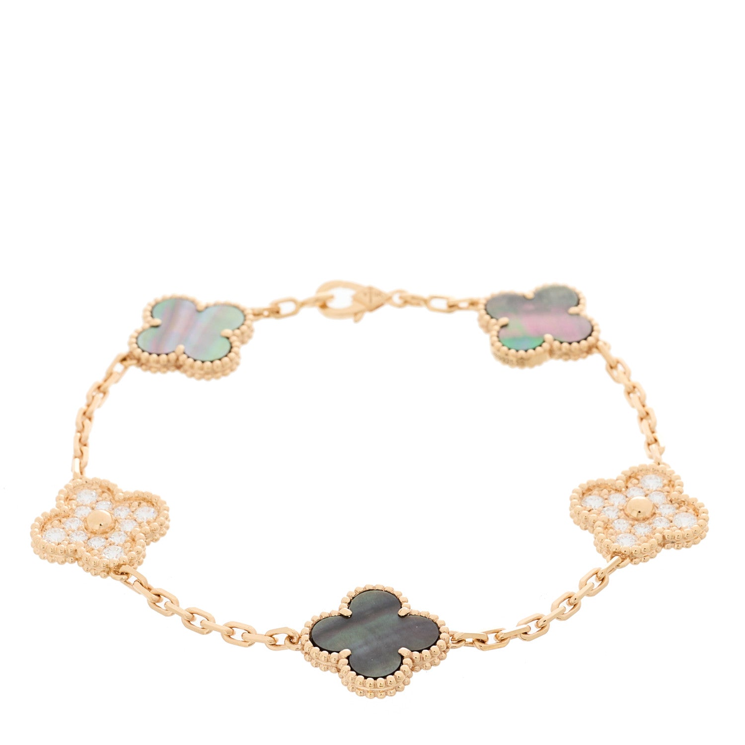 Van Cleef & Arpels 18K Rose Gold Diamond Gray Mother of Pearl 5 Motifs Vintage Alhambra Bracelet 1 of 6