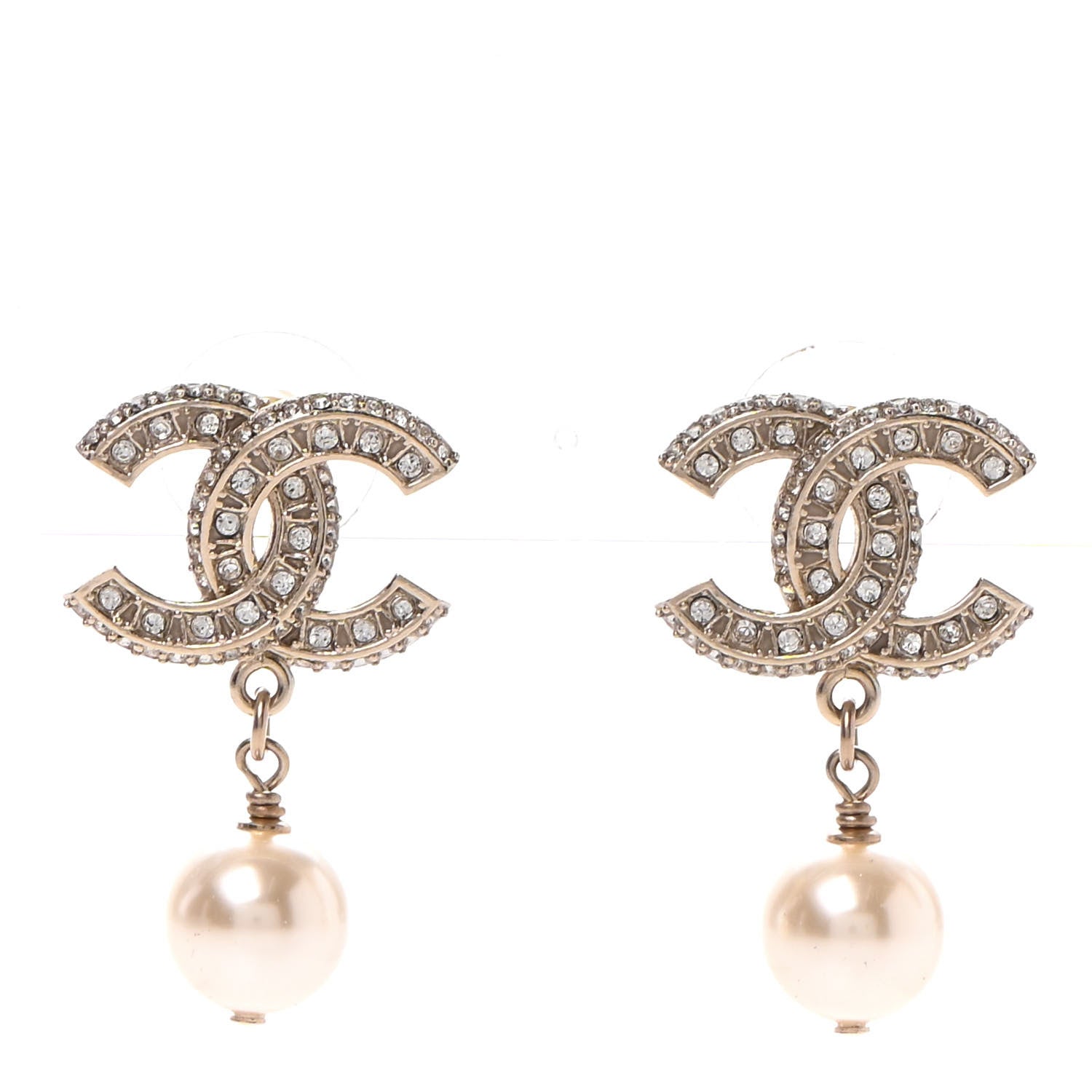 Chanel Crystal Pearl CC Drop Earrings Gold 1 of 4