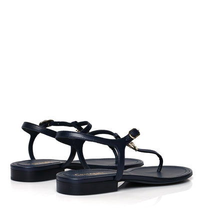 Chanel Lambskin Crystal CC Thong Sandals 38 Navy Blue 4 of 8