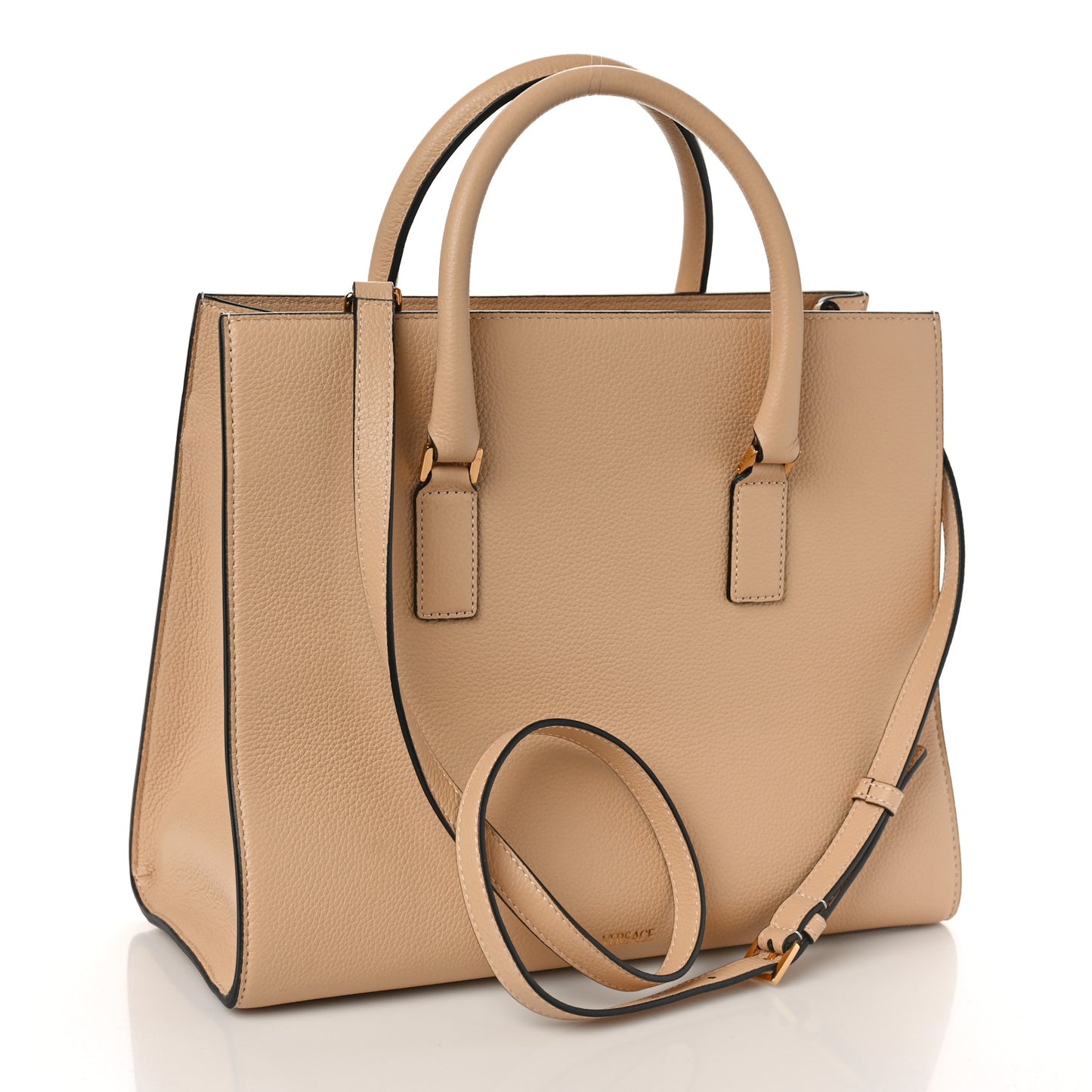 Grained Calfskin Large Virtus Top Handle Shoulder Bag Beige