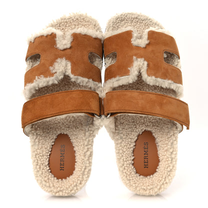 Hermes Suede Goatskin Woolskin Womens Chypre Sandals 37 Brun Fume Ecru 2 of 11