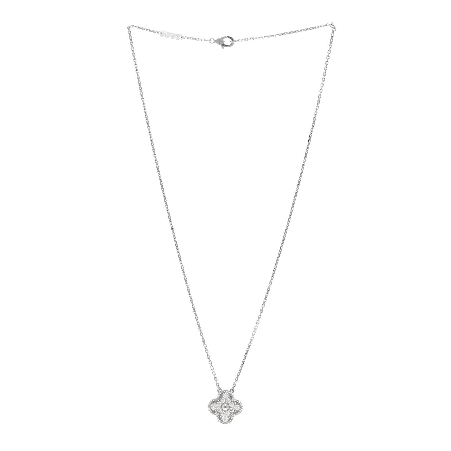 18K White Gold Diamond Vintage Alhambra Pendant Necklace
