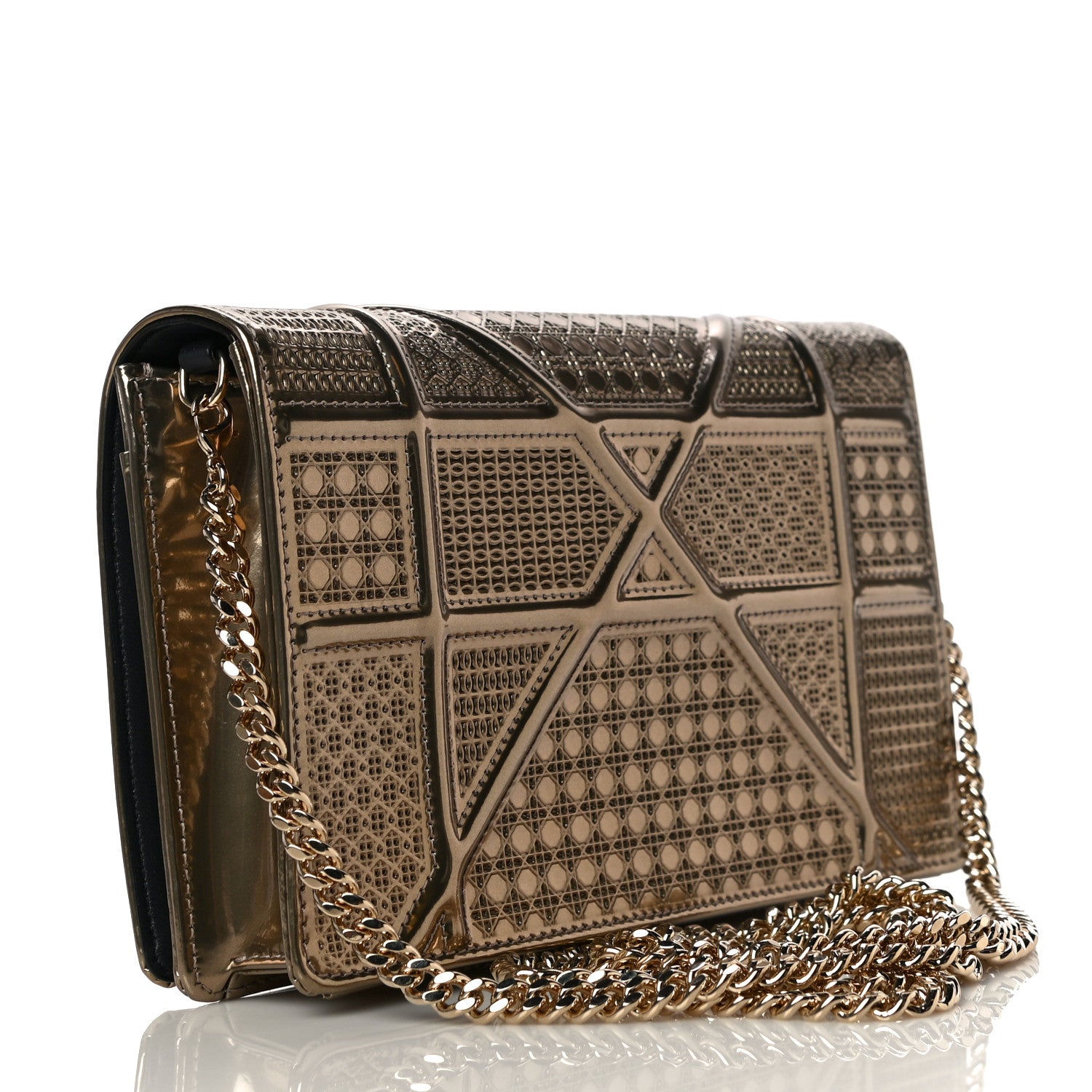 Christian Dior Metallic Patent Micro-Cannage Diorama Wallet on Chain Pouch Gold 3 of 11