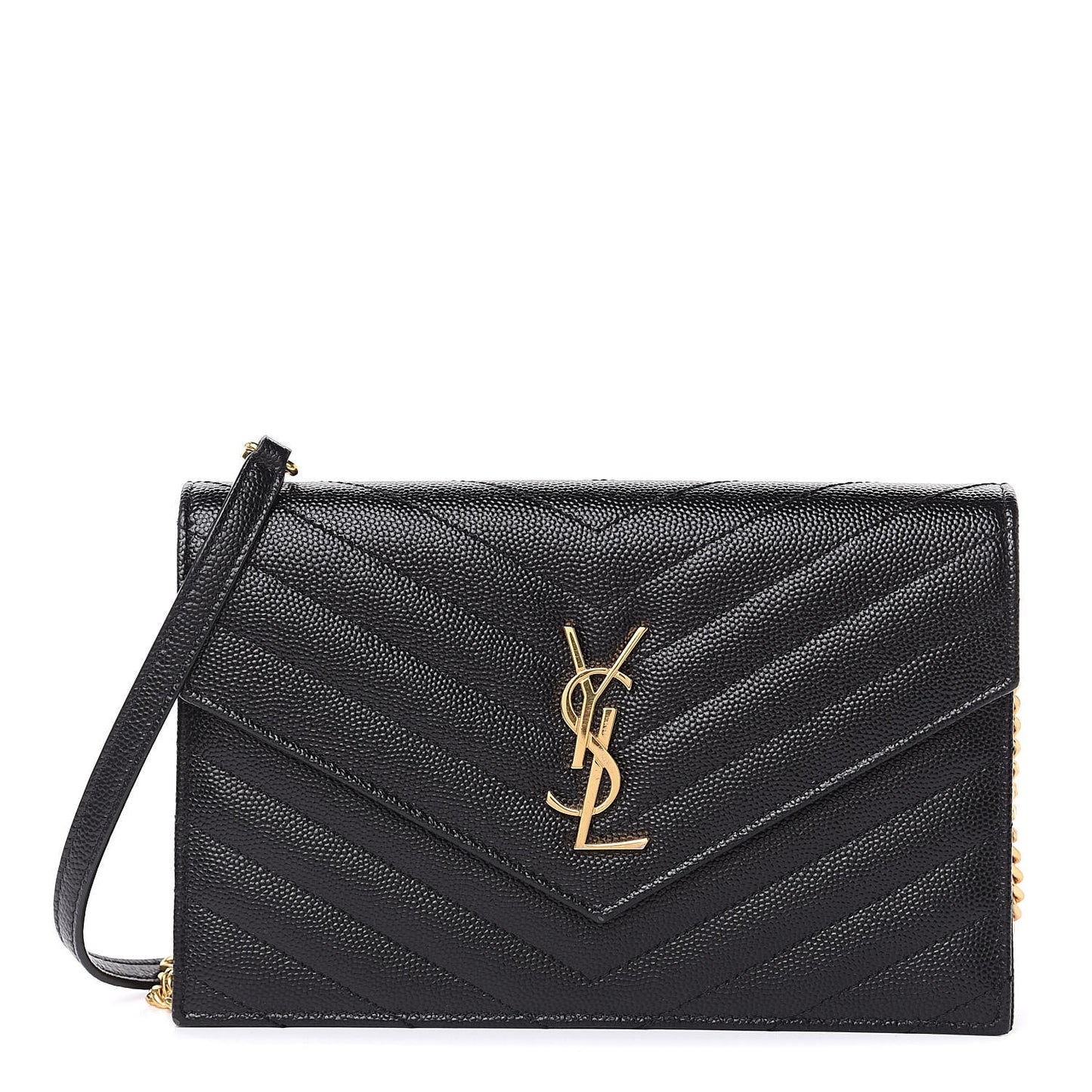 Grain De Poudre Matelasse Chevron Monogram Envelope Chain Wallet Black
