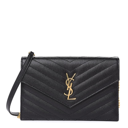 Saint Laurent Grain De Poudre Matelasse Chevron Monogram Envelope Chain Wallet Black 1 of 8