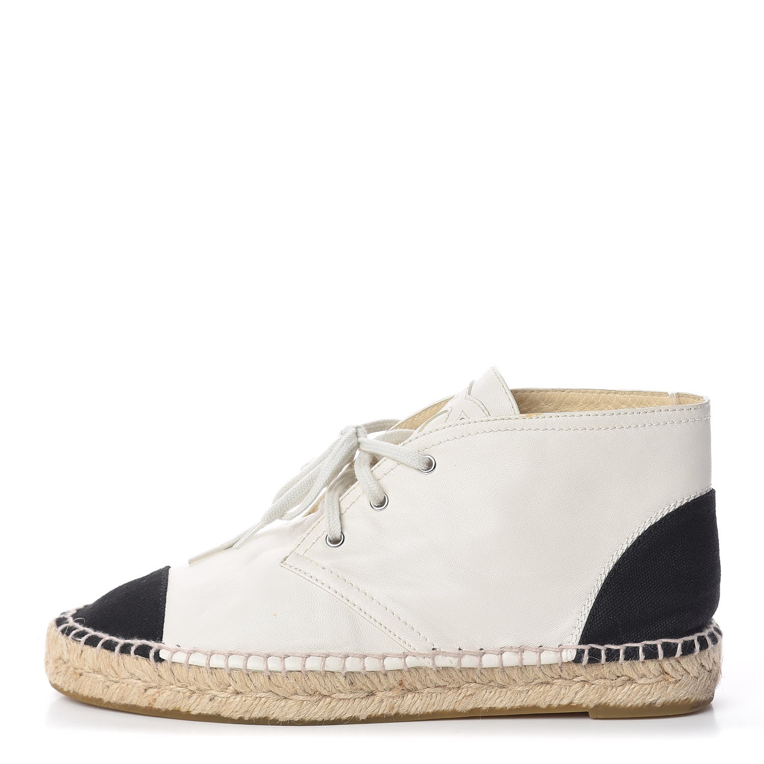 Chanel Lambskin Canvas Cap Toe Lace Up Espadrilles 38 White Black 1 of 12