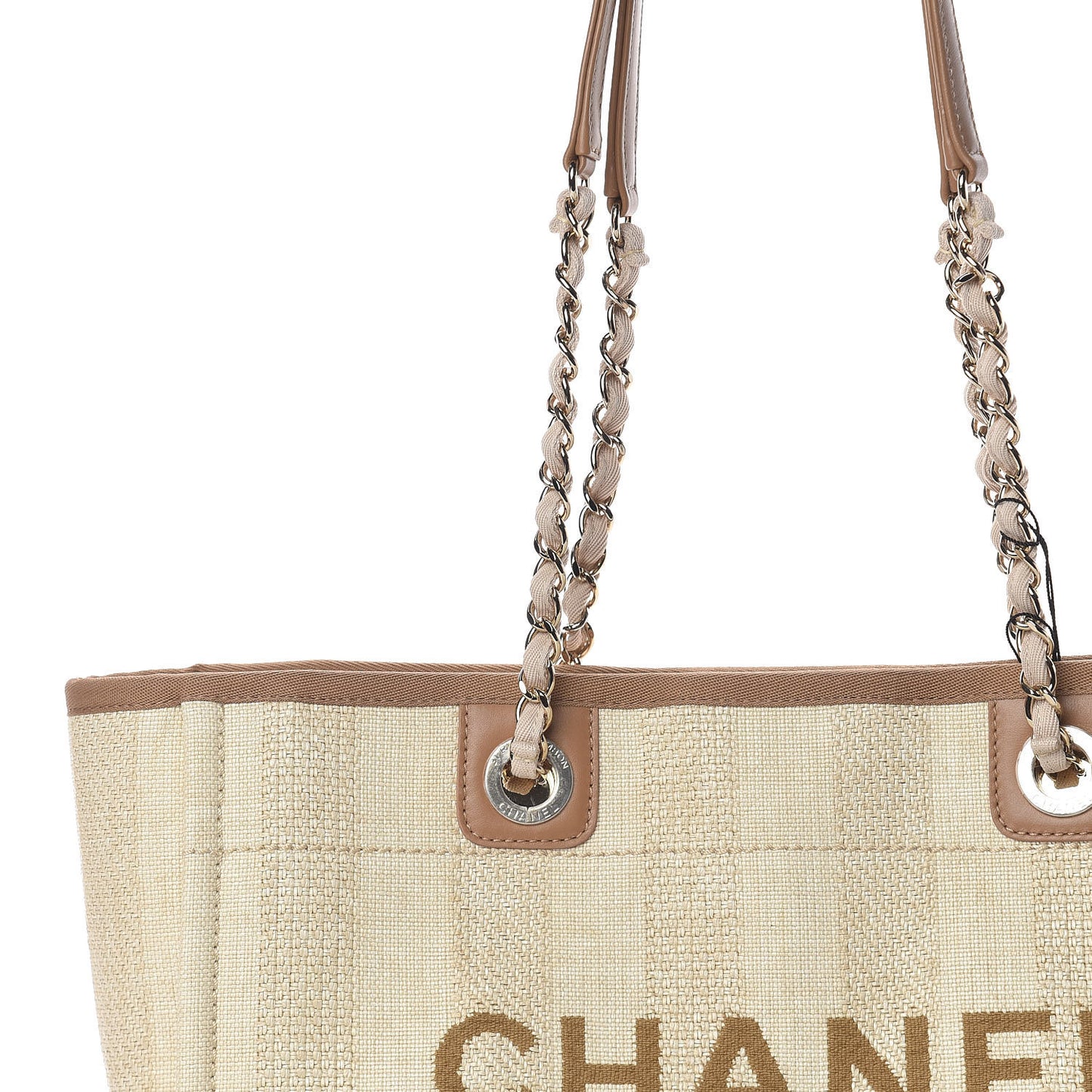 Straw Raffia Calfskin Striped Small Deauville Tote Beige