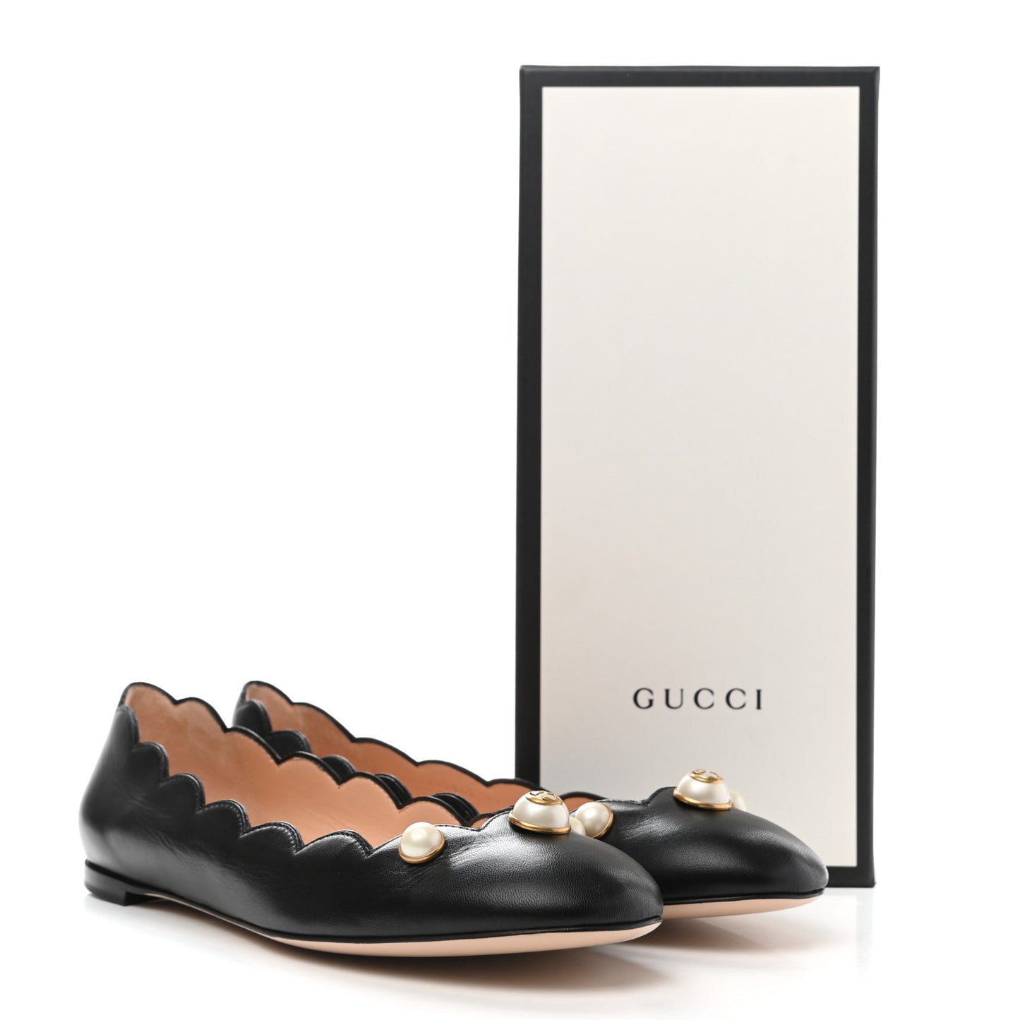 Malaga Kid Interlocking G Pearl Scalloped Flats 41 Black
