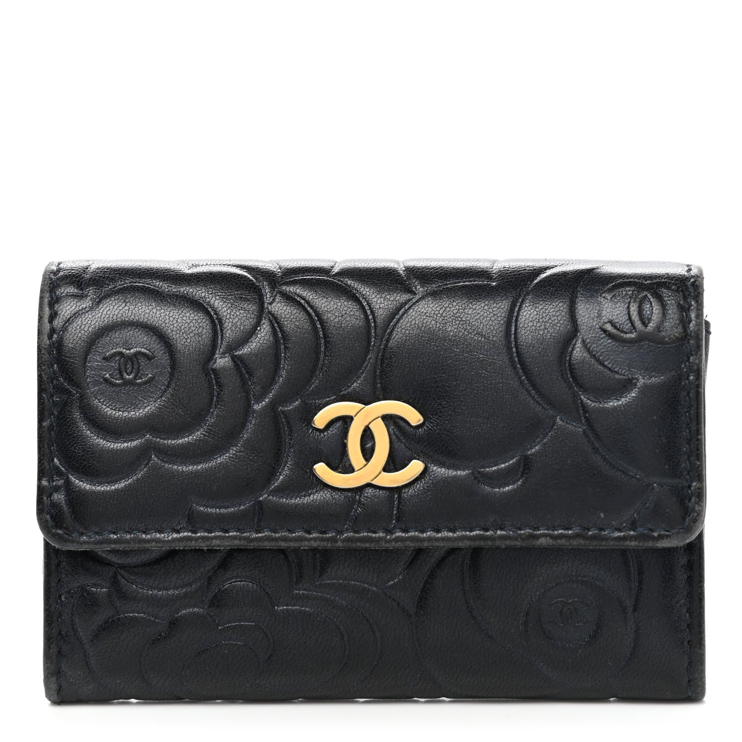 Chanel Lambskin Camellia Embossed Flap Card Holder Navy 1 of 8