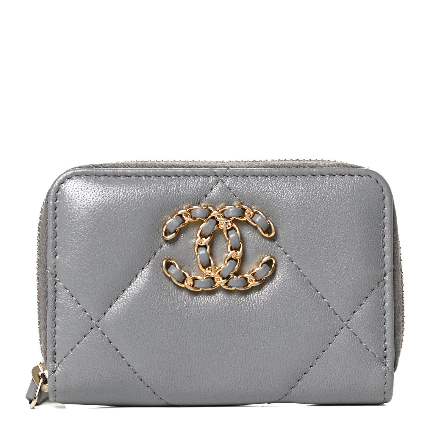 Lambskin Quilted Chanel 19 Zip Around Coin Purse Wallet Grey