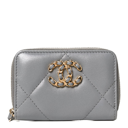 Chanel Lambskin Quilted Chanel 19 Zip Around Coin Purse Wallet Grey 1 of 12