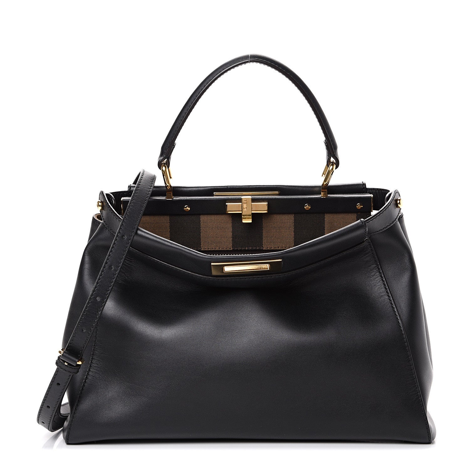 Fendi Vitello Morgan Fabric Jacquard Pequin Medium Peekaboo Iconic Satchel Black Tobacco 1 of 12