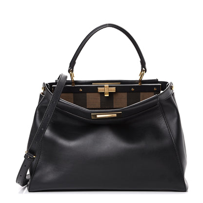 Fendi Vitello Morgan Fabric Jacquard Pequin Medium Peekaboo Iconic Satchel Black Tobacco 1 of 12