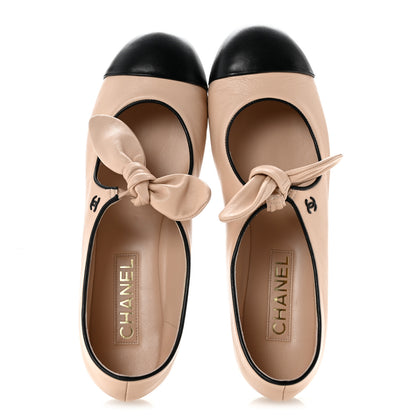 Chanel Lambskin Bow Mary Jane Flats 40 Beige Black 2 of 10