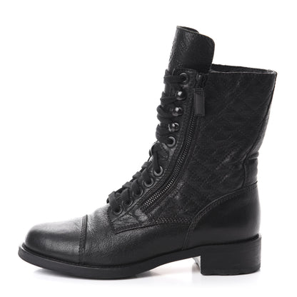 Chanel Sheepskin Quilted CC Tall Lace Up Combat Boots 39 Black 1 of 11
