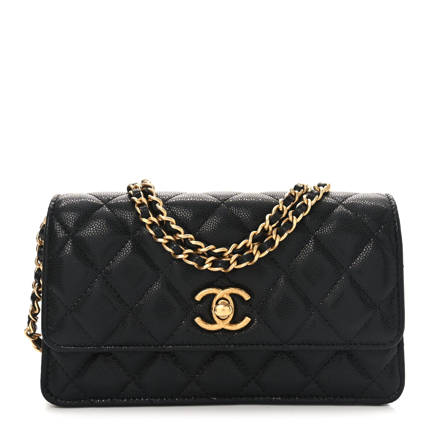 Caviar Quilted Chain Link Clutch With Chain Black