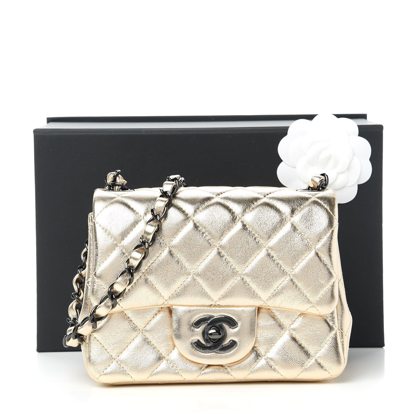 Metallic Lambskin Quilted Mini Square Flap Gold Black